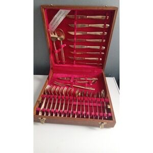Siam Bronze Flatware Set Gold Bronze Cutlery Service for 6 in Wood Case‎